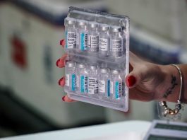 Governo planeja vacinação em massa em cidades de SC com altas taxas de Covid mulher segura doses de vacinas presas em tablete de transporte - novo lote de vacinas chega em sc com 229 mil doses