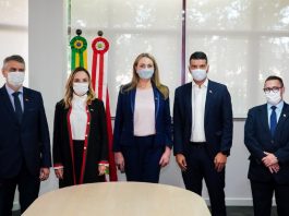 Governadora interina dá posse a quatro novos secretários daniela reinehr com os quatro novos secretários; todo em pé com máscara posam pra foto