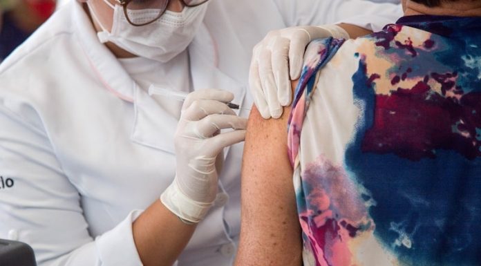 idosa recebe dose de vacina do braço aplicada por profissional de saúde usando epi - cidades vacinam público com 63 anos contra covid