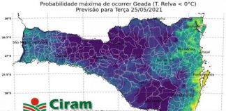 previsão de temperaturas negativas em santa catarina - mapa de sc mostrando escala de cores conforme temperaturas baixas