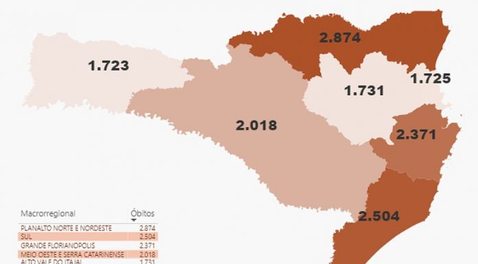 mapa de sc com os óbitos por covid por região - 3ª onda pode ser pior