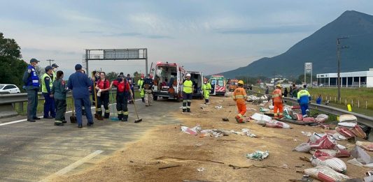 diversos profissionais de resgate na pista da br onde está espalhada carga de grãos após acidente em palhoça que matou dois caminhonheiros