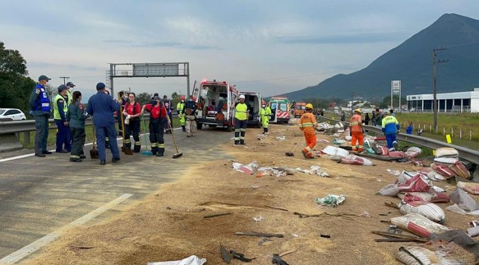 diversos profissionais de resgate na pista da br onde está espalhada carga de grãos após acidente em palhoça que matou dois caminhonheiros