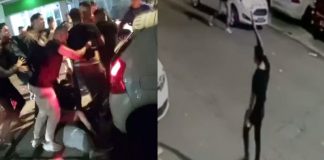 cenas da briga generalizada no kobrasol e de homem disparando para o alto