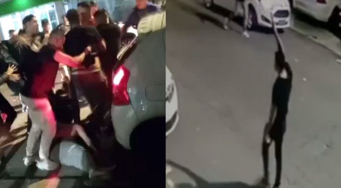 cenas da briga generalizada no kobrasol e de homem disparando para o alto