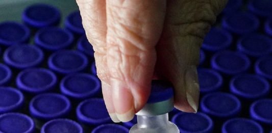 mão feminina segura ampola de vacina sobre lote - vacinaçãona educação em sc é ampliada