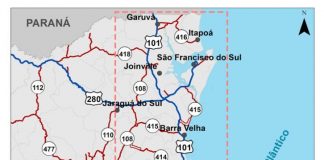 mapa do litoral norte de SC mostrando em destaque área de possível rodovia alternativa à br-101 norte