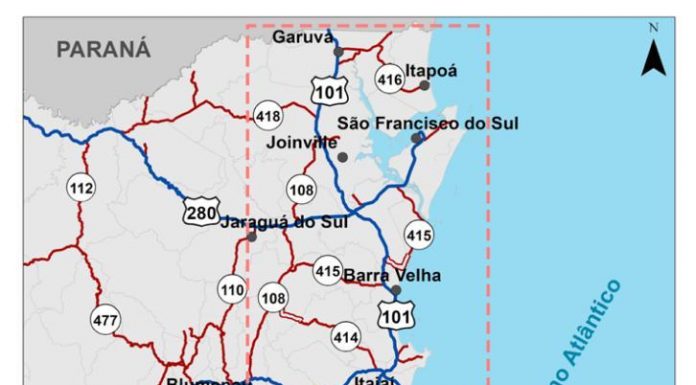 mapa do litoral norte de SC mostrando em destaque área de possível rodovia alternativa à br-101 norte