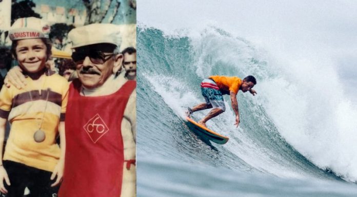 esporte na veia: fábio andrade criança no colo de sr domingo e na foto da direita surfando