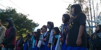 mulheres indígenas cantando em protesto na ti morro dos cavalos contra pl 490