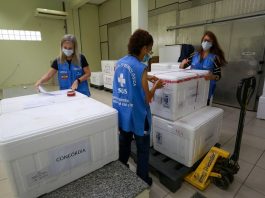 Governo distribui 125 mil doses que seriam de reforço para aplicação de 1ª dose - mulheres da vigilância organizando caixas de isopor com as doses