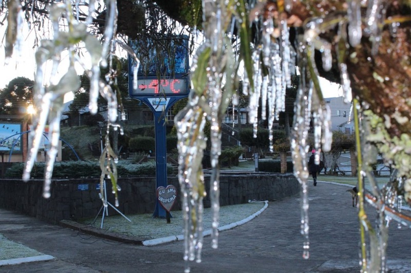 galhos congelados com termômetro em praça marcando -4ºC - Defesa Civil recomenda atenção com mais vulneráveis diante da previsão de frio