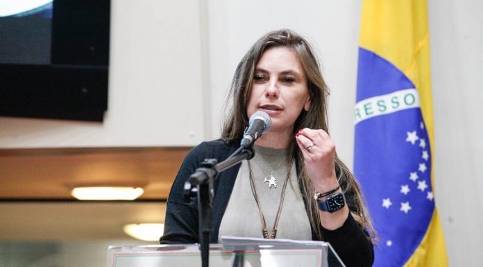 deputada paulinha gesticula na tribuna da alesc sobre falta de investimentos em cultura em sc