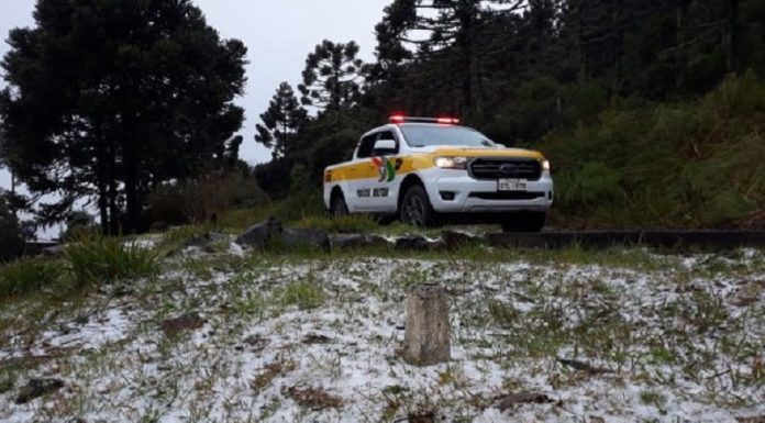 Um chão de grama aparece coberto com neve, ao fundo árvores e um carro da PMSC estacionado, a polícia do estado realiza a operação inverno para auxiliar turistas na serra catrinense
