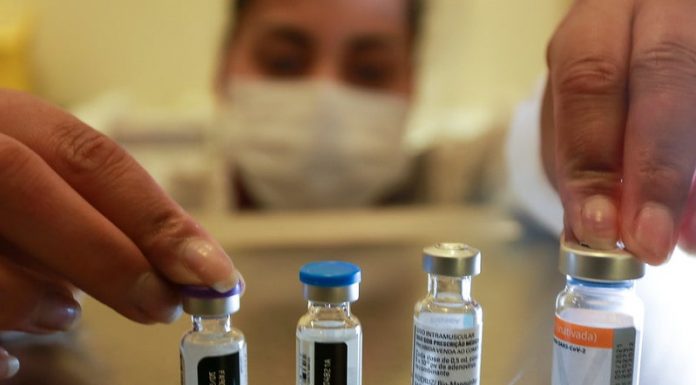 pessoas usando máscara mexe em 4 ampolas de vacinas - Santa Catarina aplicou mais de 4 milhões de vacinas contra Covid-19
