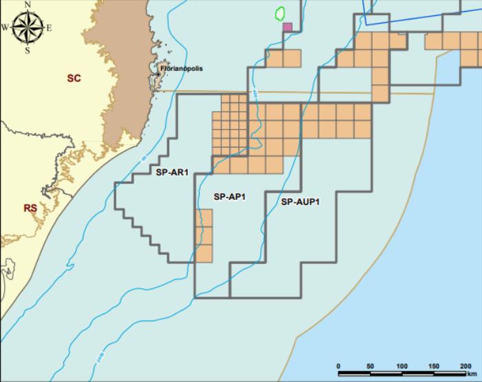 mapa das áreas de campos de petróleo no litoral catarinense em oferta no leilão da anp