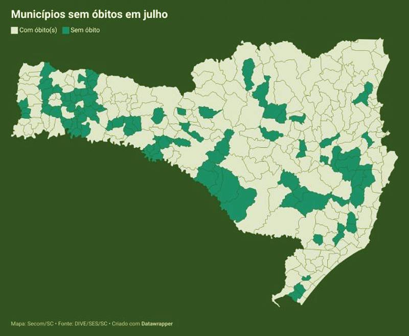 mapa com os 97 municípios de SC não registraram morte por Covid