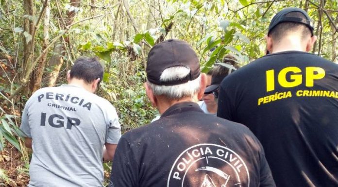 policiais de costas em mata onde foi localizado corpo no morro do horácio