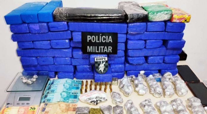 34kg de maconha apreendidos no centro de palhoça - pacotes empilhados e organizados pela polícia