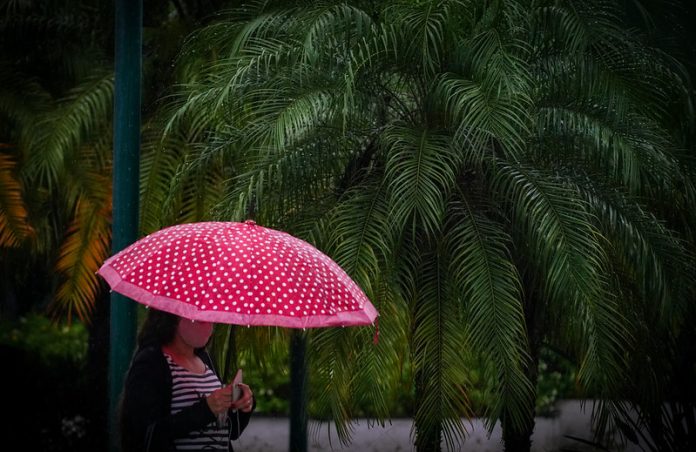 mulher andando de máscara e guarda-chuva - alerta de chuva persistente previsão do tempo