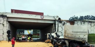 Caminhão colide na traseira de carro na BR-101 em Penha e cai de viaduto