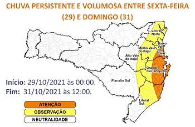 Defesa Civil faz alerta para chuva persistente no litoral SC de sexta a domingo
