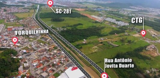 imagem aérea com projeto da avenida beira-rio de forquilhas em são josé ligando à SC-281