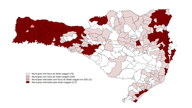 mapa de santa catarina monstrando limites municipais e em destaque as 118 cidades com infestação de mosquito da dengue aedes aegypti