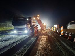 cominhões e máquinas na pista em obra de asfaltamente noturna -Marginal da BR-101 em Palhoça passa por obras noturnas