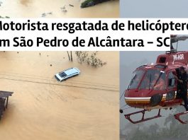Motorista é resgatada de helicóptero em São Pedro de Alcântara após carro ser inundado