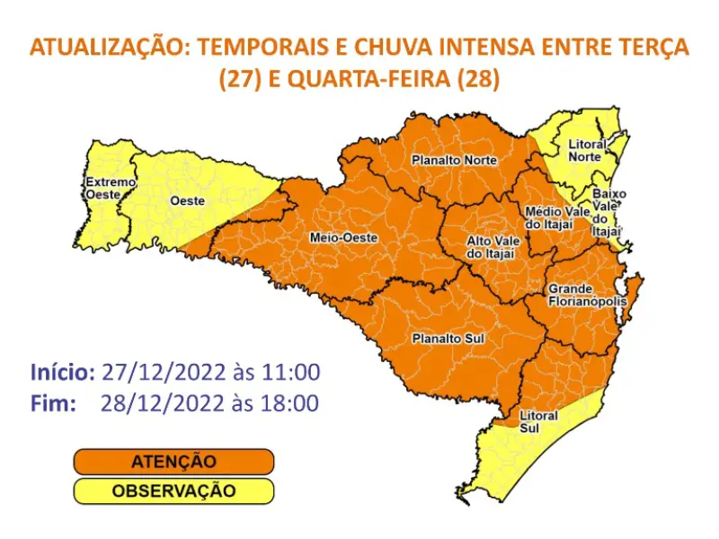 Grande parte de SC tem alerta para temporais