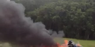 Veículo pega fogo após bater em poste na SC-401