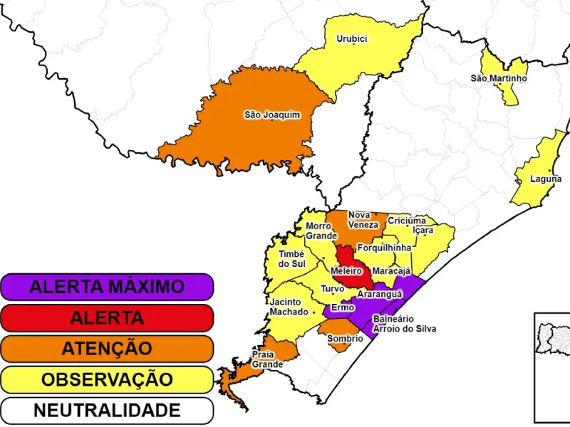 Municípios do SUl de SC em alerta máximo para deslizamentos