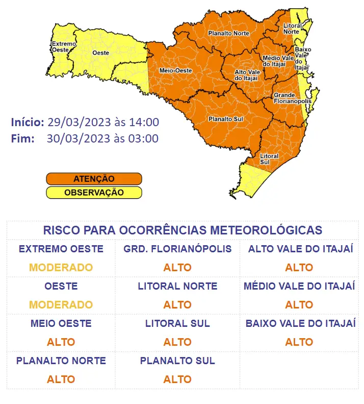 Temporais entre a tarde de quarta (29) e a madrugada de quinta-feira (30)