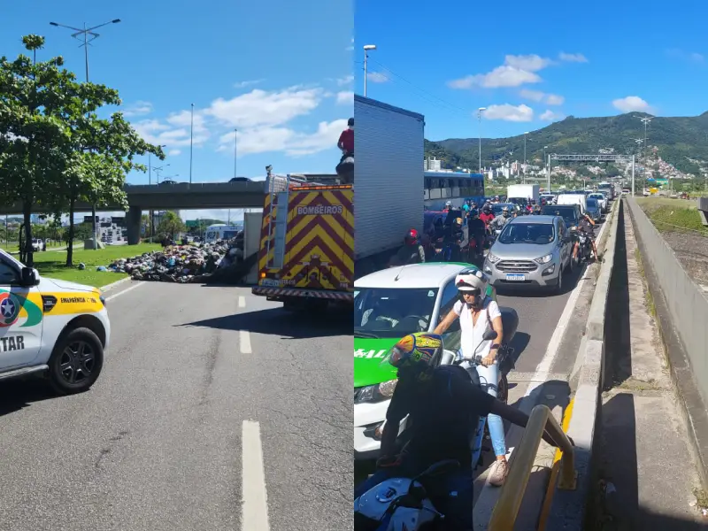 Caminhão de lixo virou no acesso à Ponte de saída da ilha