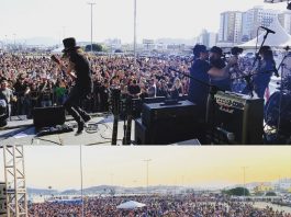 Festival de Rock em São José precisa de retirada de ingressos Duas fotos de shows tiradas do fundo do palco mostrando as bandas e grande público ao fundo