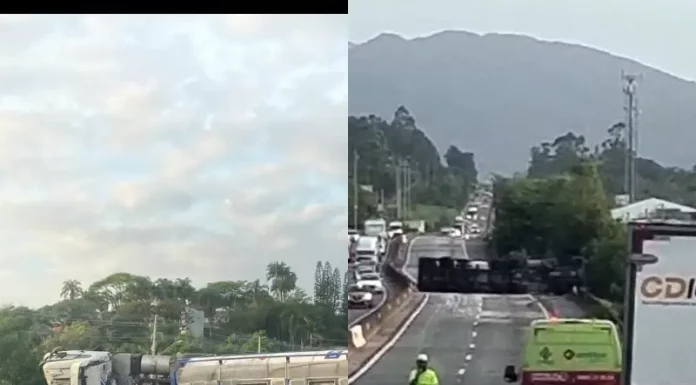 Caminhão tomba em Biguaçu e interrompe trânsito na BR-101