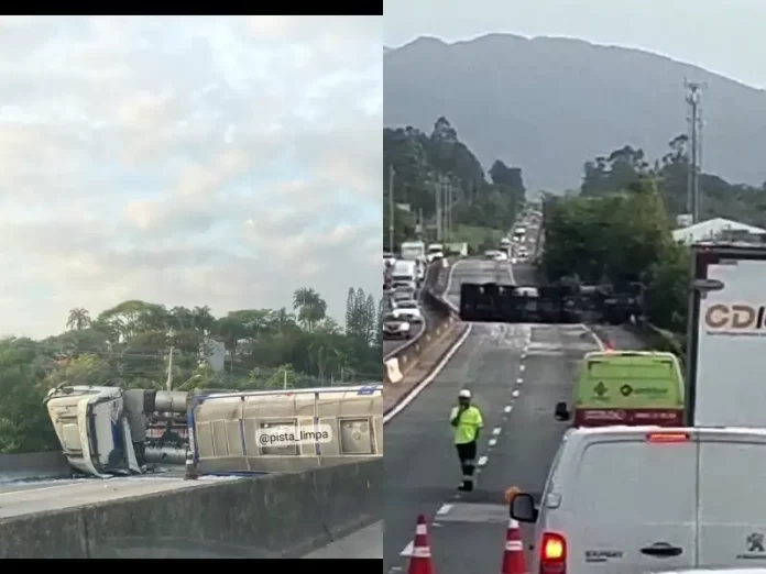 Caminhão tomba em Biguaçu e interrompe trânsito na BR-101