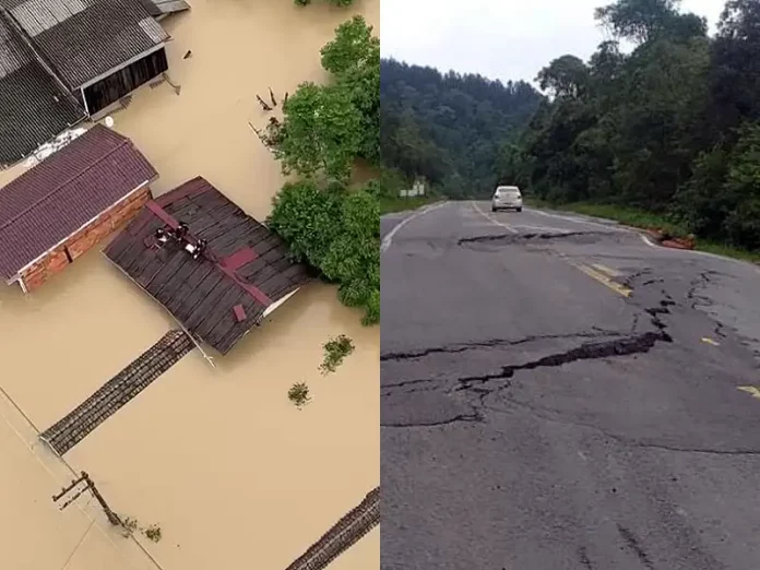 Pessoas resgatadas em Rio do Sul; BR-470 danificada