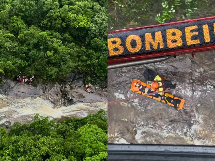 Casal precisou ser resgatado de helicóptero; vítima deve diversas fraturas ao cair no rio