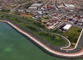 TCE/SC determina sustação de edital da Beira-mar de Barreiros em São José Ilustração da futura Avenida Beira-Mar de Barreiros, maior obra de mobilidade urbana em São José, mostrando trecho da via com ciclovias, áreas de lazer e paisagismo.