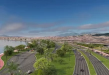 Ilustração da futura Avenida Beira-Mar de Barreiros, maior obra de mobilidade urbana em São José, mostrando trecho da via com ciclovias, áreas de lazer e paisagismo.