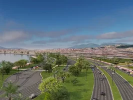 Ilustração da futura Avenida Beira-Mar de Barreiros, maior obra de mobilidade urbana em São José, mostrando trecho da via com ciclovias, áreas de lazer e paisagismo.