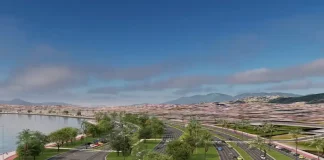 Ilustração da futura Avenida Beira-Mar de Barreiros, maior obra de mobilidade urbana em São José, mostrando trecho da via com ciclovias, áreas de lazer e paisagismo.