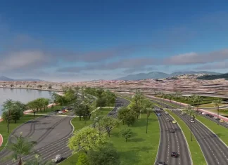 Ilustração da futura Avenida Beira-Mar de Barreiros, maior obra de mobilidade urbana em São José, mostrando trecho da via com ciclovias, áreas de lazer e paisagismo.