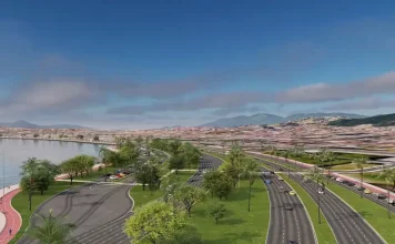 Ilustração da futura Avenida Beira-Mar de Barreiros, maior obra de mobilidade urbana em São José, mostrando trecho da via com ciclovias, áreas de lazer e paisagismo.