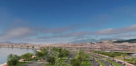 Ilustração da futura Avenida Beira-Mar de Barreiros, maior obra de mobilidade urbana em São José, mostrando trecho da via com ciclovias, áreas de lazer e paisagismo.