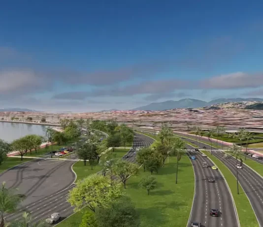 Ilustração da futura Avenida Beira-Mar de Barreiros, maior obra de mobilidade urbana em São José, mostrando trecho da via com ciclovias, áreas de lazer e paisagismo.
