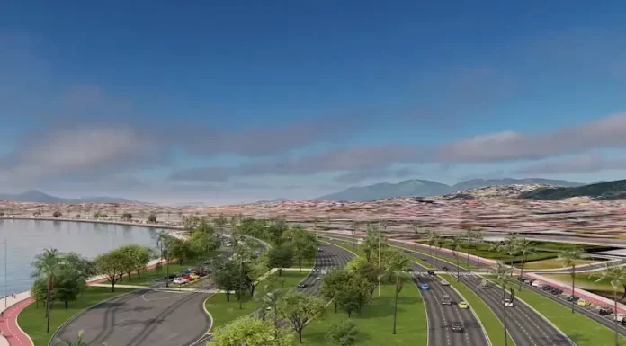 Ilustração da futura Avenida Beira-Mar de Barreiros, maior obra de mobilidade urbana em São José, mostrando trecho da via com ciclovias, áreas de lazer e paisagismo.
