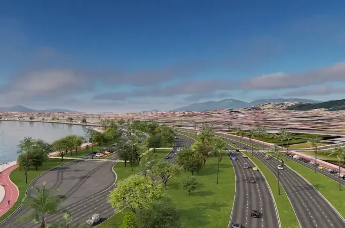 Ilustração da futura Avenida Beira-Mar de Barreiros, maior obra de mobilidade urbana em São José, mostrando trecho da via com ciclovias, áreas de lazer e paisagismo.